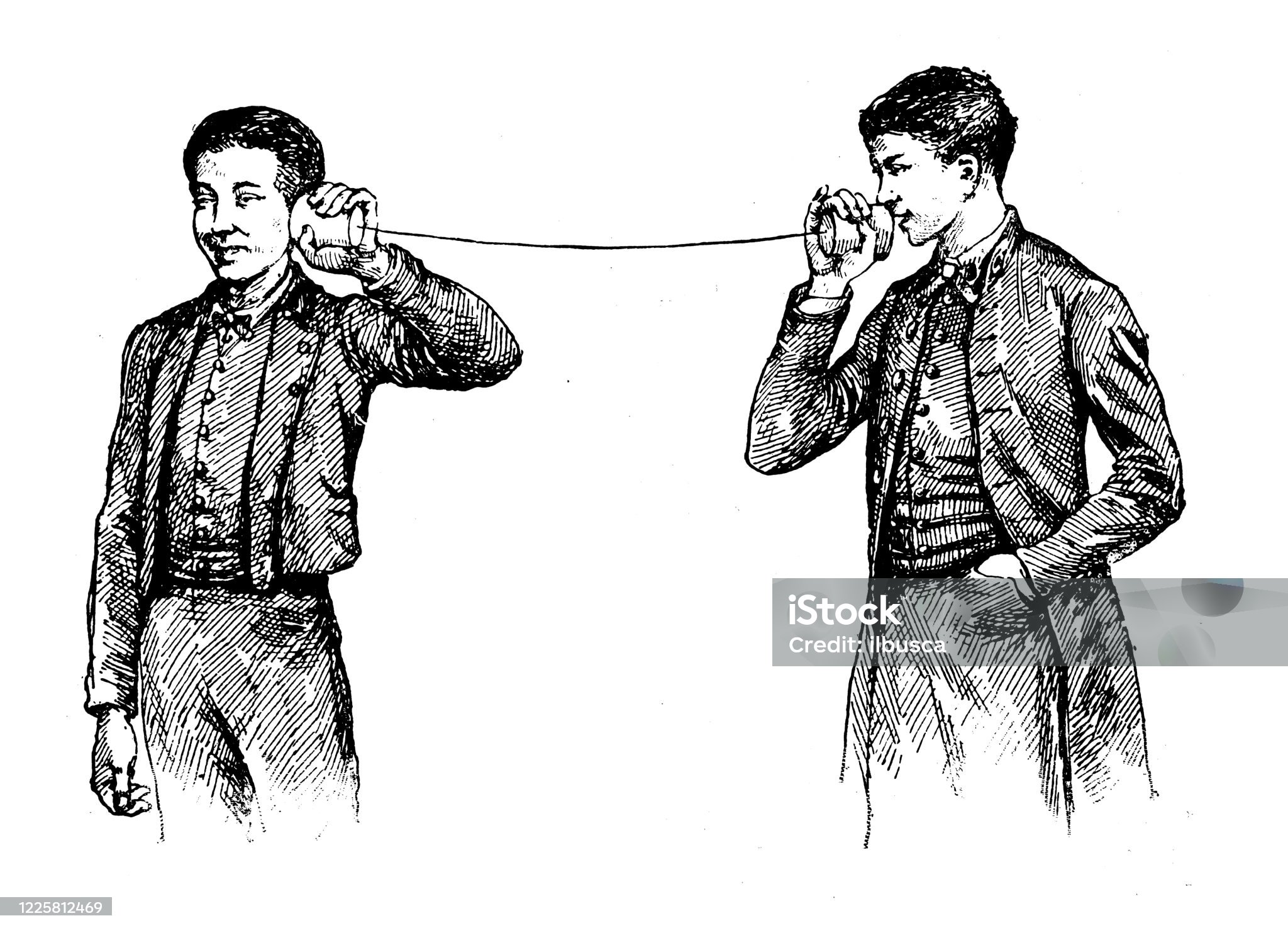 Vintage-style illustration of two people communicating by phone